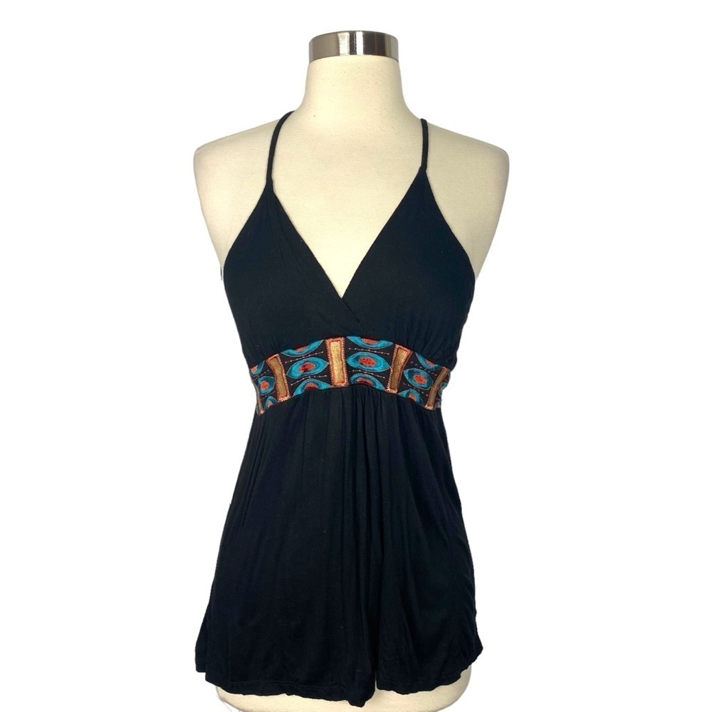 Vintage 90s Ambiance Black Embroidered Halter Top - Size Small